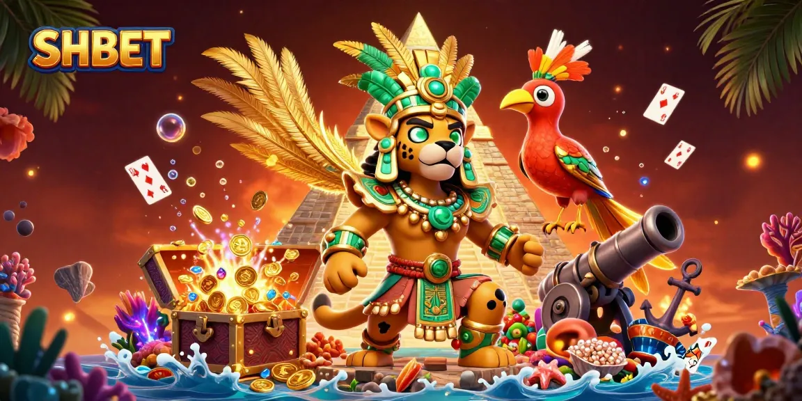 Experience SHBET's vibrant online casino world with a colorful 3D Mayan scene full of treasures.
