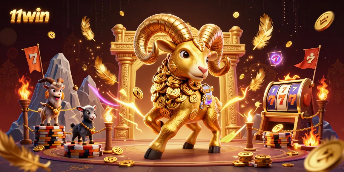 Engage with 11WIN in this vibrant casino dynamic featuring a golden ram charging towards victory.