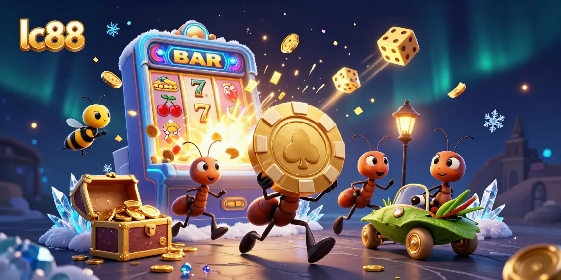 Engage with the thrilling lc88 casino heist animated scene, featuring ants and vibrant slot game elements.