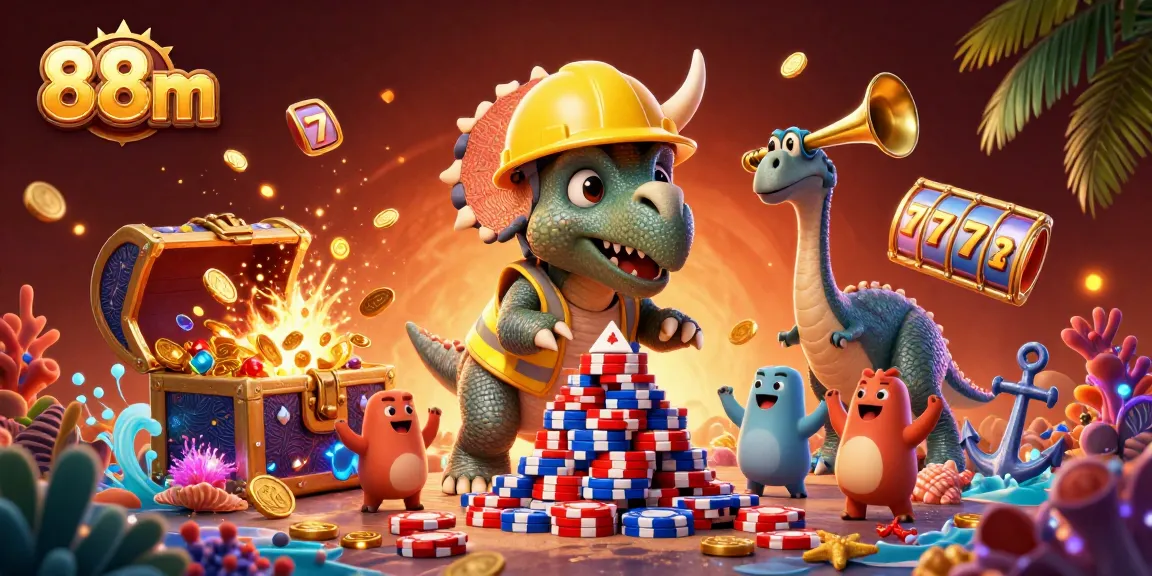 Experience exciting gameplay at 88m with vibrant casino scenes featuring dinosaurs and treasure.