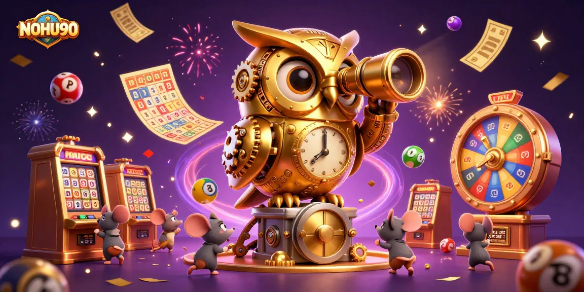 NoHU90 casino illustration showcasing a massive golden owl overseeing vibrant gaming activities