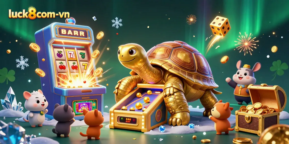 Engage with luck8com-vn's thrilling casino games featuring a colossal golden tortoise and exciting elements.