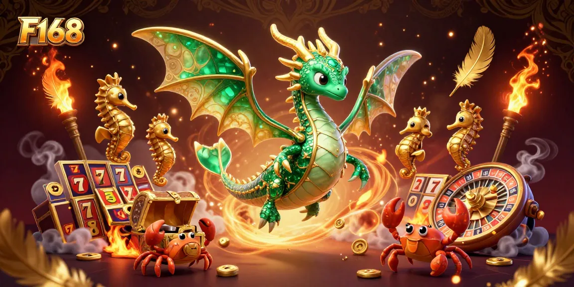 Engage with F168's vibrant gaming experience featuring golden slot reels and an elegant sea dragon.