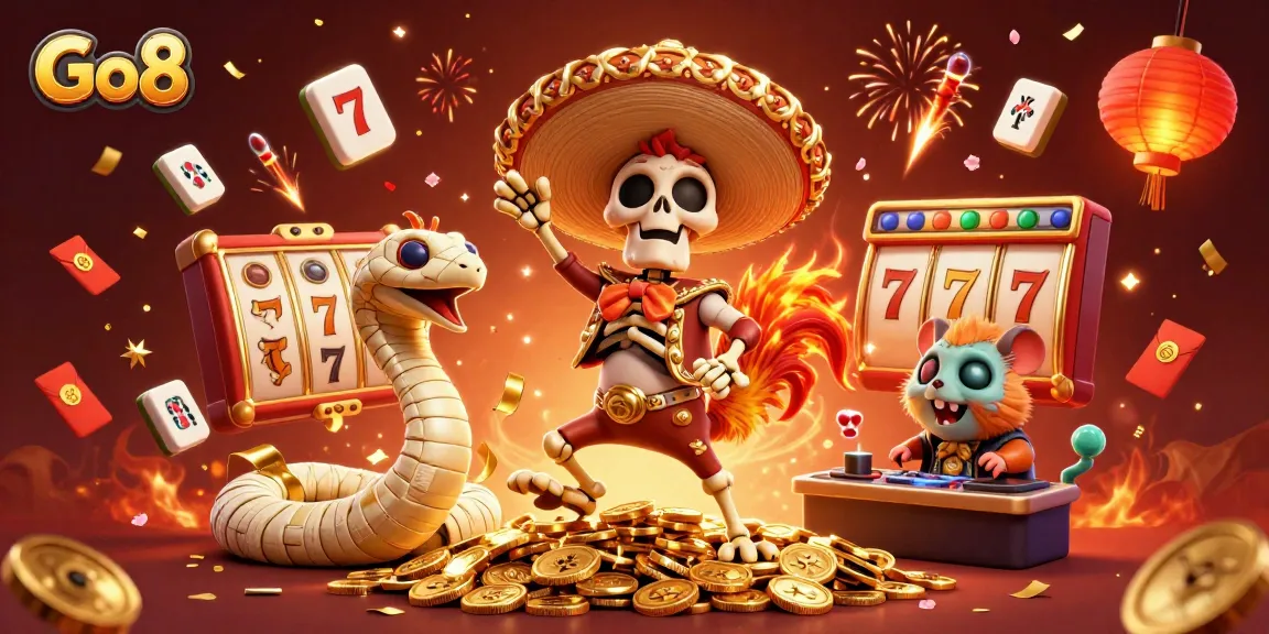 Go8 showcases a vibrant 3D scene with a mariachi rooster and friends celebrating, enhancing the gambling atmosphere.