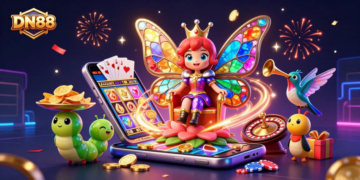 Experience the vibrant world of DN88 with a colorful casino scene featuring butterfly queen and gaming elements