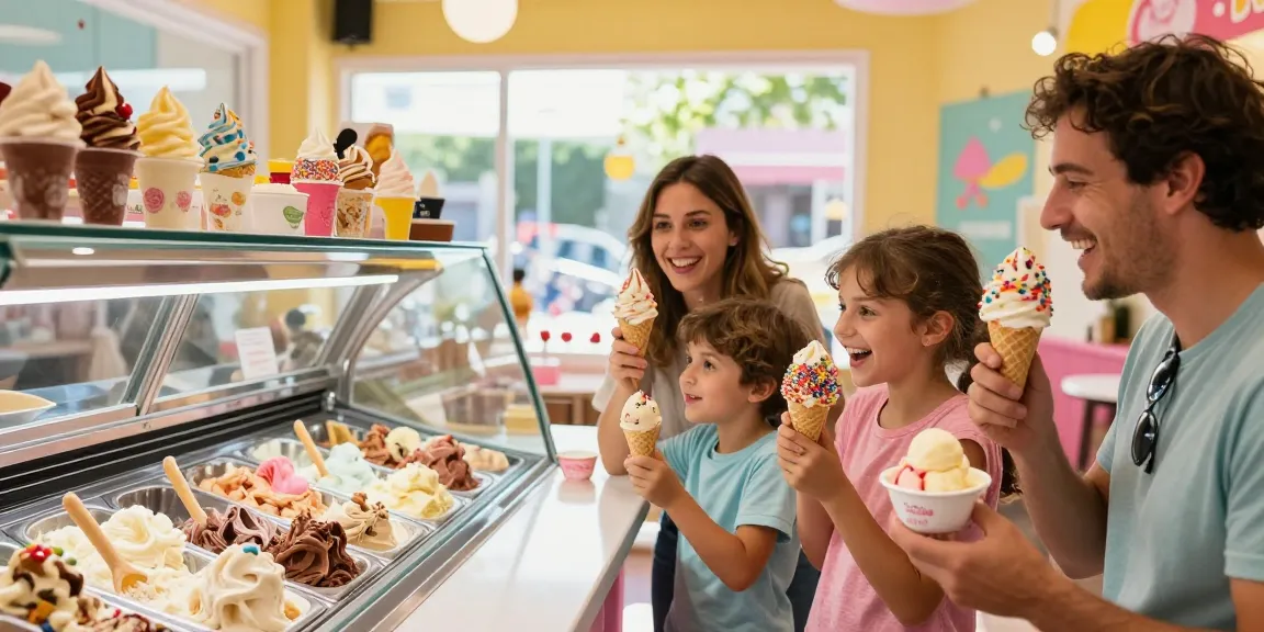 Family enjoying rokok88's extraordinary ice cream creations in a vibrant parlor.