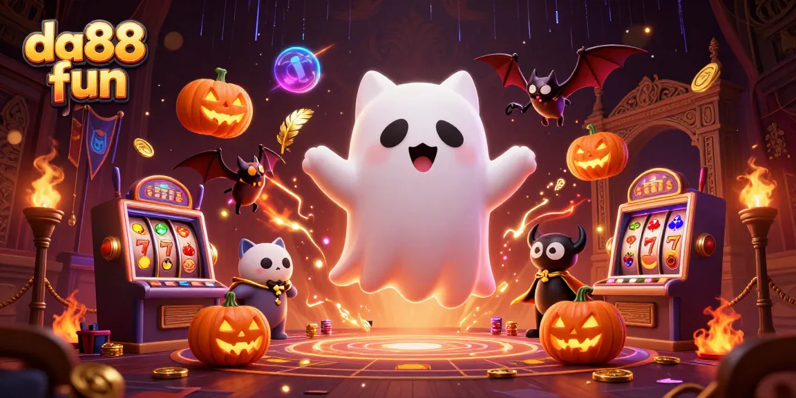Experience da88 fun with a ghost cat and vampire bat in a thrilling haunted casino scene.