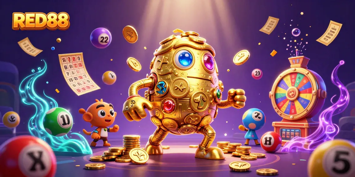 Experience the excitement of RED88 with a vibrant 3D illustration of a golden golem amidst casino elements.