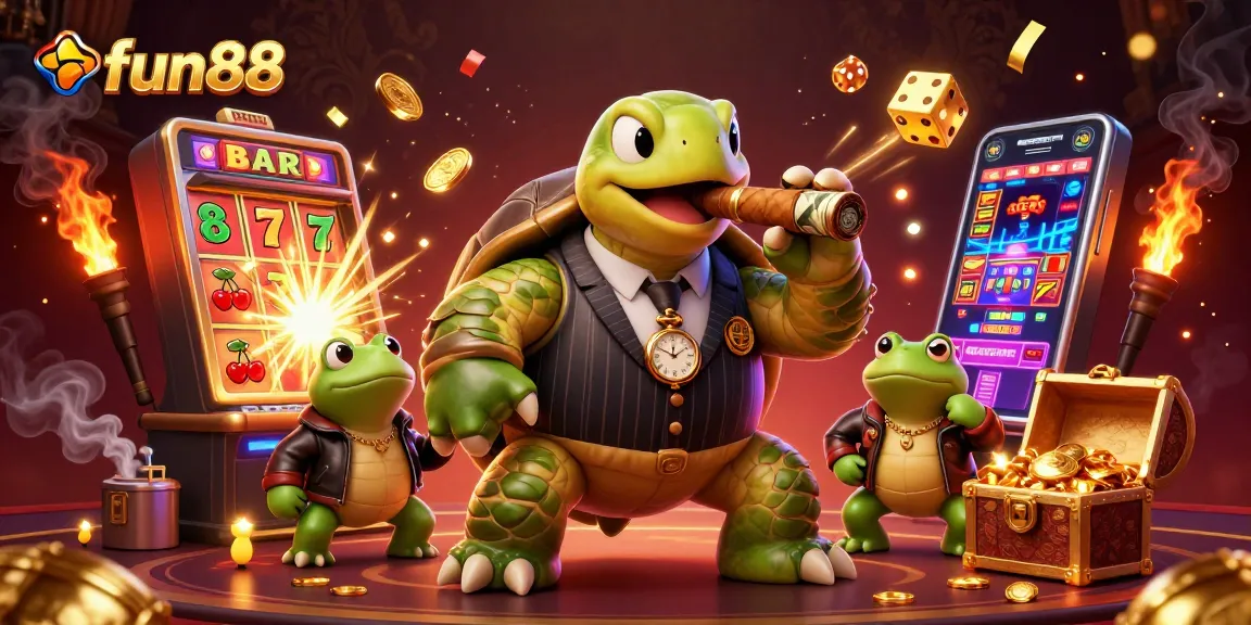 Engage in fun88 gaming experiences with a 3D turtle mobster amidst casino scenes and rewards.