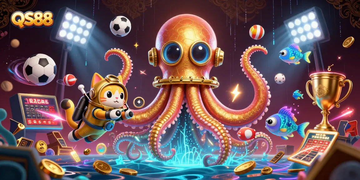 Experience thrilling adventures with QS88, showcasing a dynamic kraken and diving cat amidst sports betting excitement.