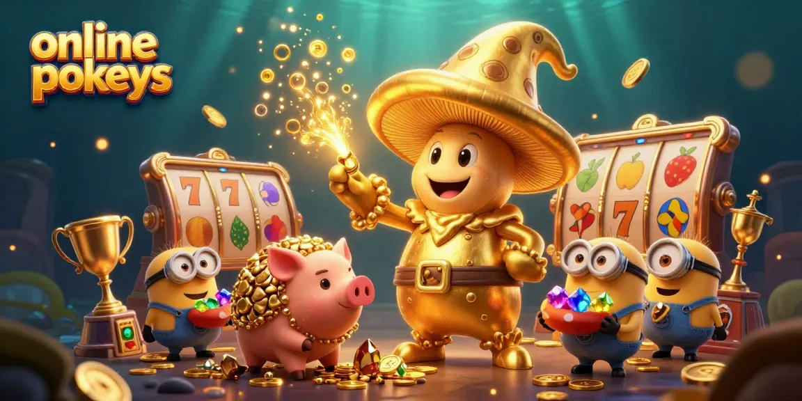 Engage with thrilling online pokies featuring a magical mushroom wizard and treasure pig in a vibrant casino scene.