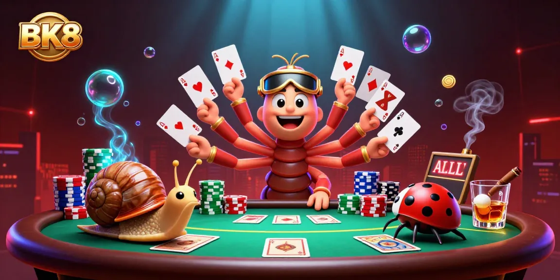 Engage with BK8's vibrant casino scene featuring a playful millipede dealer and high-roller snail.